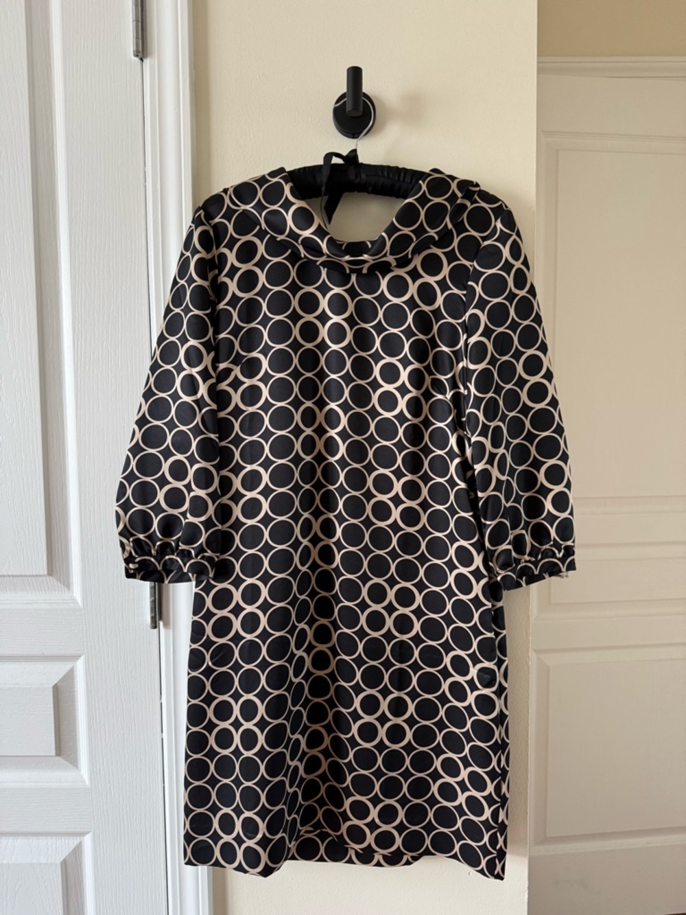 100% Silk Black and Cream Circle-Print Shift Dress